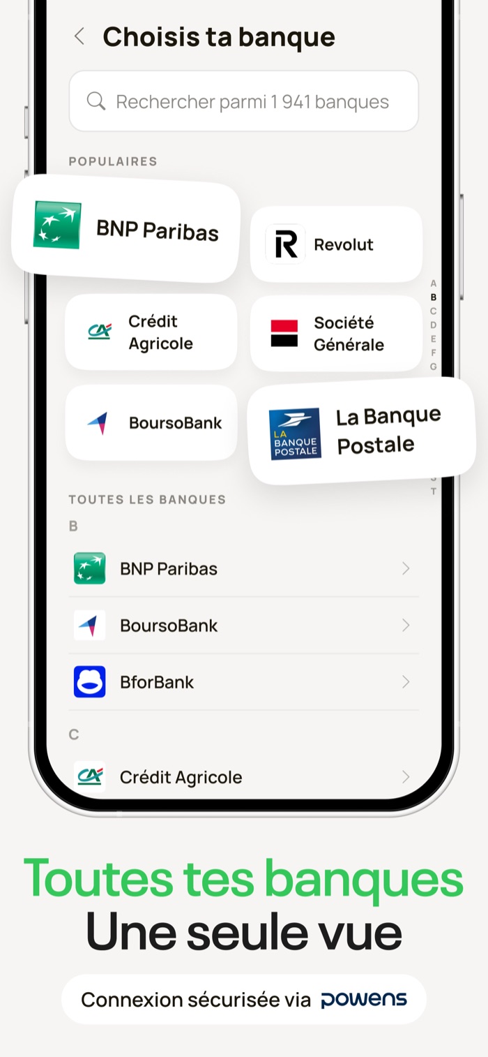 Sélection de la banque à connecter, parmi plus de 200 banques