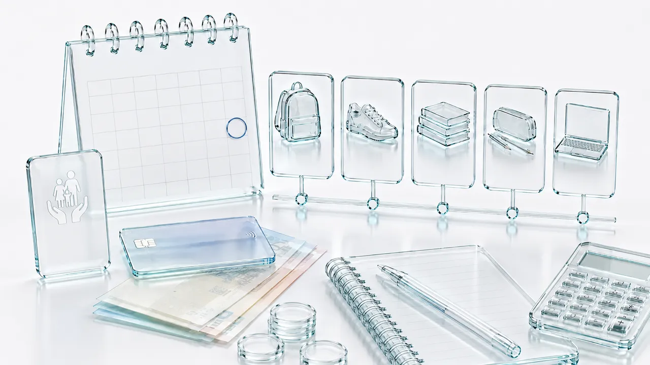 Illustration en verre d'un cartable et d'une pile de fournitures posés sur un calendrier, traversés par une pièce unique qui tombe à une date précise, symbole de l'allocation de rentrée scolaire versée en un seul virement.