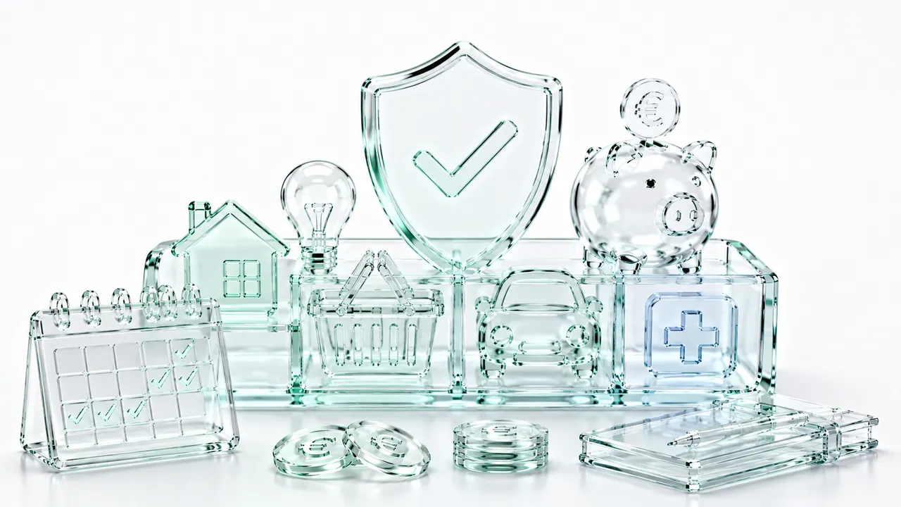 Alignement d'objets en verre — calendrier, maison, ampoule, panier de courses, cadenas, tirelire, portefeuille et pièces — dominé par un bouclier marqué d'une coche, symbole d'un budget daté qui tient le compte au-dessus de zéro.