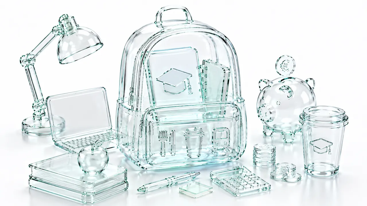 Sac à dos en verre ouvert sur un cahier frappé d'une toque de diplômé, entouré d'une lampe de bureau, d'un ordinateur portable, de livres, d'une tirelire, d'un gobelet de café et de piles de pièces, symbole du budget de la première année à la fac.