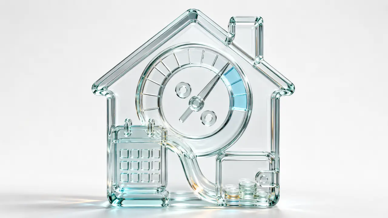 Illustration en verre d'une maison abritant une jauge dont l'aiguille approche de la zone bleue, une calculatrice et un portefeuille de pièces, symbole de la mensualité validée confrontée au reste à vivre.