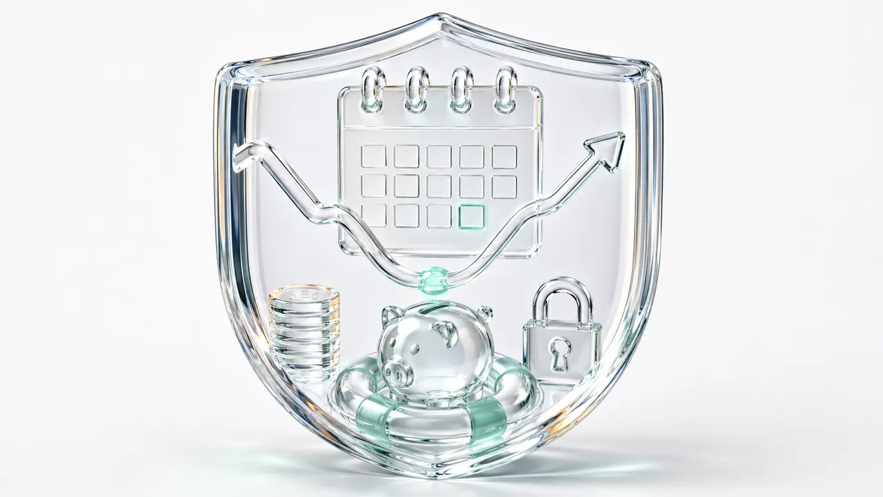 Illustration en verre d'un bouclier protégeant un calendrier traversé par une courbe qui plonge puis remonte, avec une tirelire dans une bouée et un cadenas, symbole du point bas du mois évité avant le découvert.
