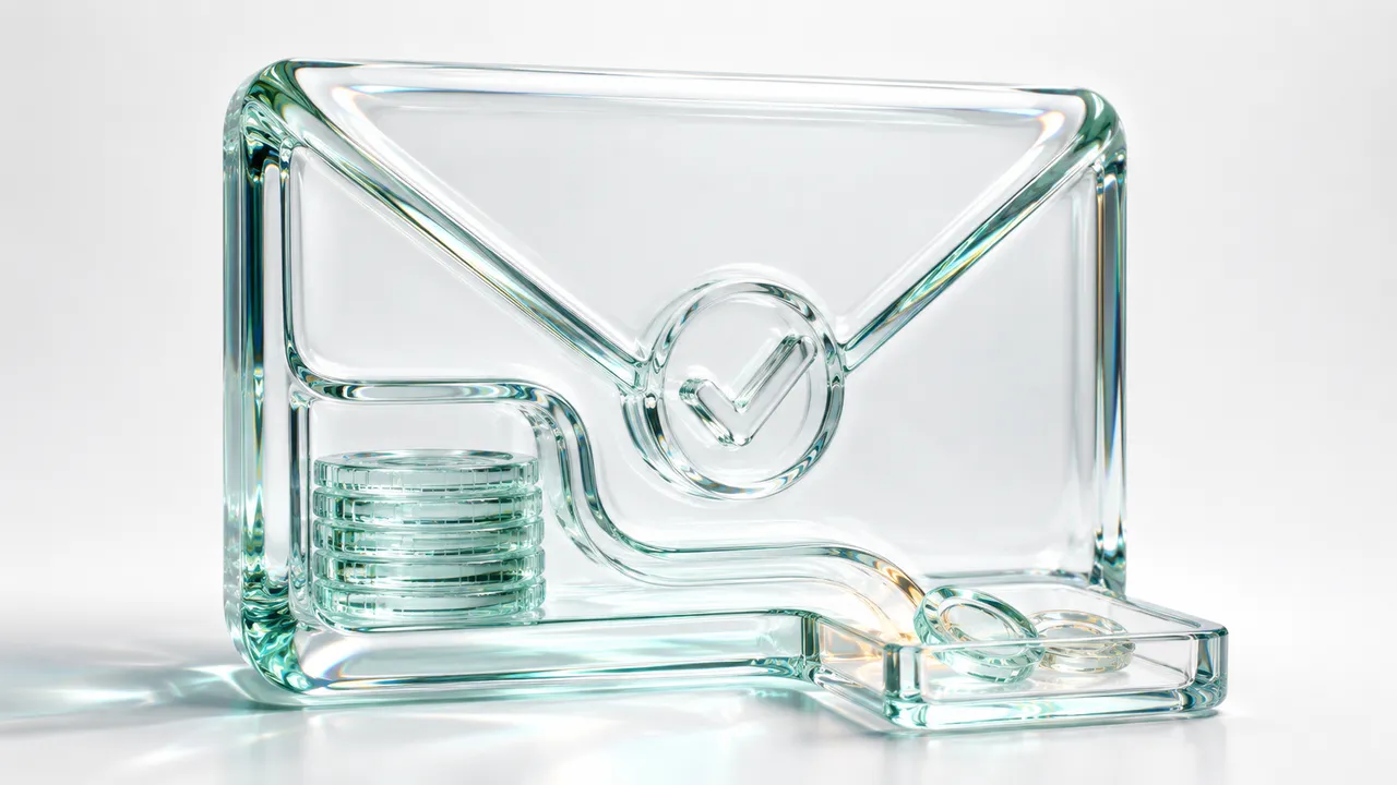 Grande enveloppe en verre marquée d'une coche, une pile de pièces glissée à l'intérieur et un portefeuille posé devant, symbole d'une enveloppe plaisir décidée à l'avance plutôt que rejouée à chaque achat.