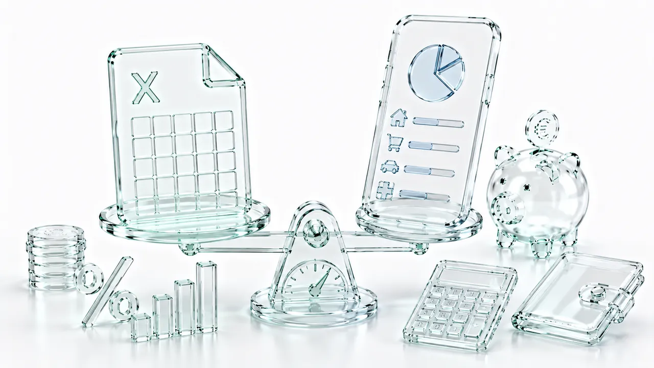 Balance en verre opposant une feuille de tableur quadrillée à un smartphone affichant un camembert et des catégories de dépenses, entourée d'une calculatrice, d'une tirelire, de pièces et d'un histogramme.