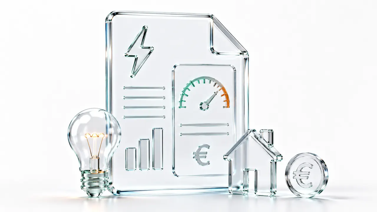 Illustration en verre d'une facture d'électricité avec éclair, histogramme et cadran de consommation, entourée d'une ampoule allumée, d'une maison et d'une pièce en euro, symbole de la facture de régularisation qui tombe d'un coup.