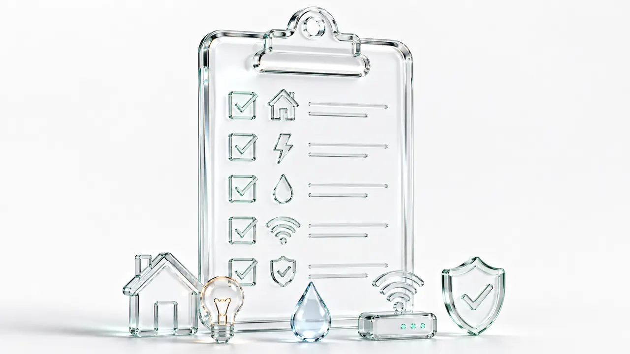Illustration en verre d'une liste à cocher regroupant logement, électricité, eau, internet et assurance, entourée des icônes correspondantes, symbole du recensement complet des charges fixes.