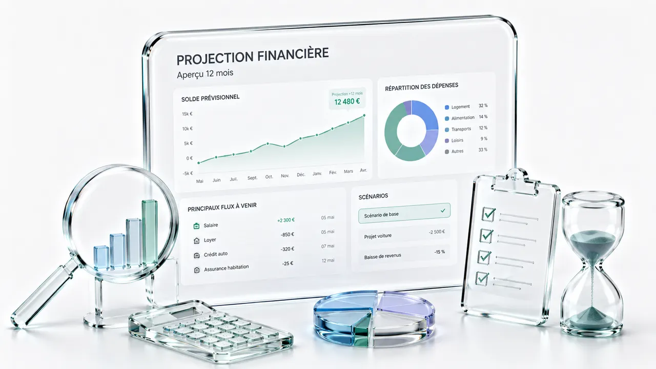 Illustration en verre d'un tableau de bord de projection financière sur douze mois, avec courbe de solde prévisionnel, répartition des dépenses et scénarios, entouré d'une loupe, d'une calculatrice et d'un sablier.