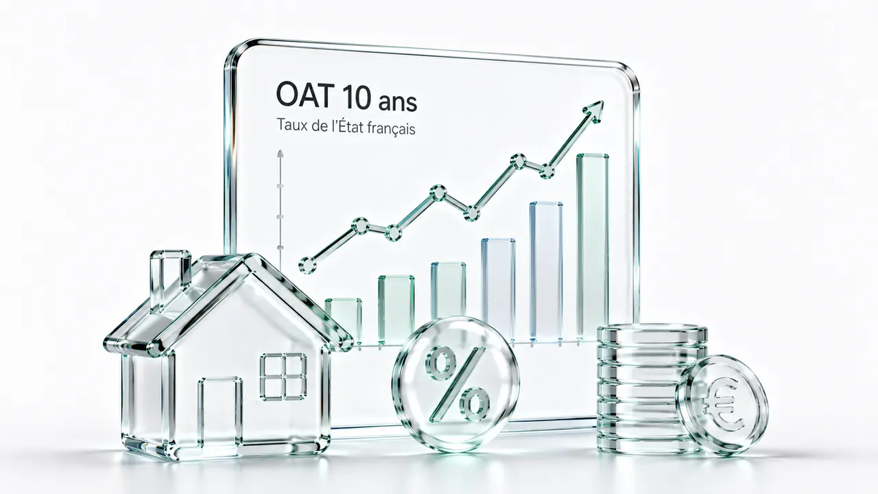 Illustration en verre d'un panneau « OAT 10 ans, taux de l'État français » avec une courbe ascendante, une maison, un symbole pourcentage et des pièces en euro, symbole du lien entre taux d'État et crédit immobilier.