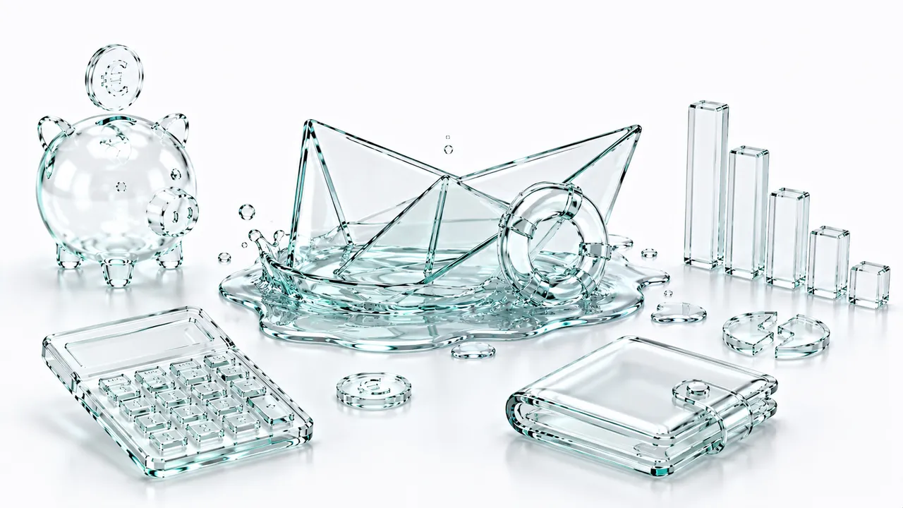 Bateau en papier de verre en train de sombrer dans une flaque, une bouée à ses côtés, entouré d'une tirelire, d'un histogramme décroissant, d'une calculatrice et d'un portefeuille, symbole du moment où l'on reprend pied.