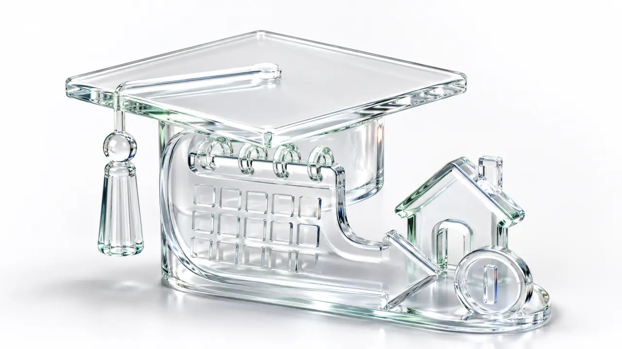 Toque de diplômé en verre coiffant un calendrier d'où part une flèche vers une maison et une pièce en euro, symbole du différé qui repousse la première mensualité à l'entrée dans la vie active.