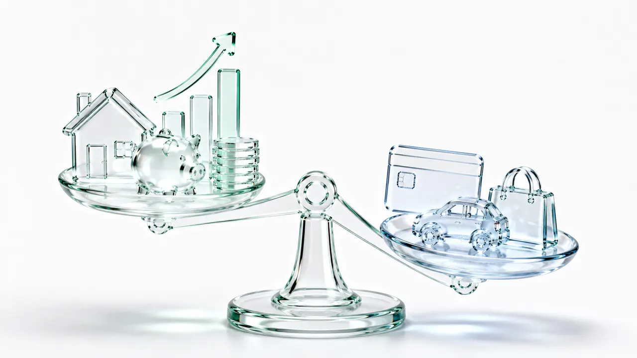 Illustration en verre d'une balance penchée, d'un côté une maison, une tirelire et un graphique ascendant, de l'autre une carte bancaire, une voiture et un sac de courses, symbole des différentes échelles pour se situer financièrement.