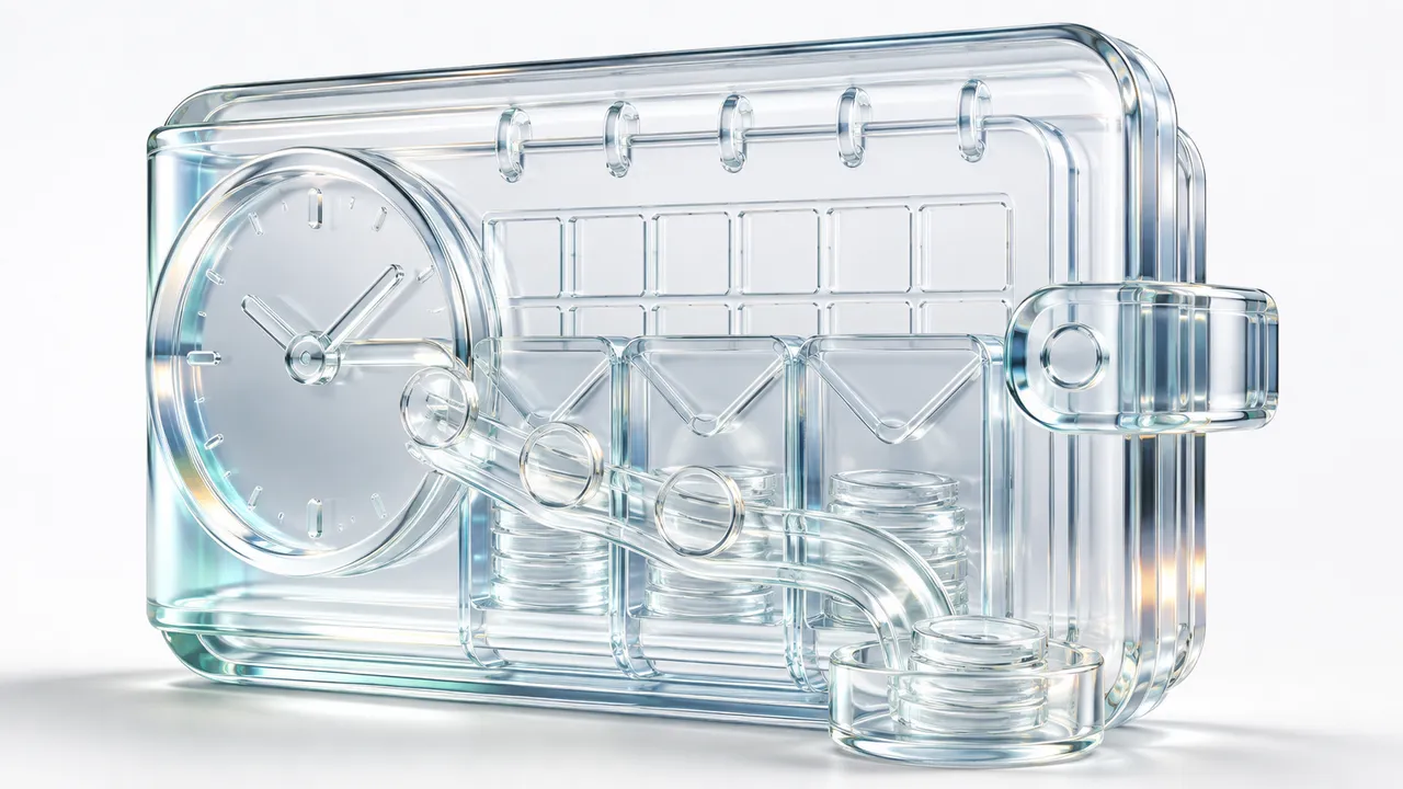 Portefeuille en verre dont la face fait office d'agenda : une horloge, des cases de calendrier et des tubes le long desquels des pièces s'échappent une à une, symbole des dépenses notées jour après jour.