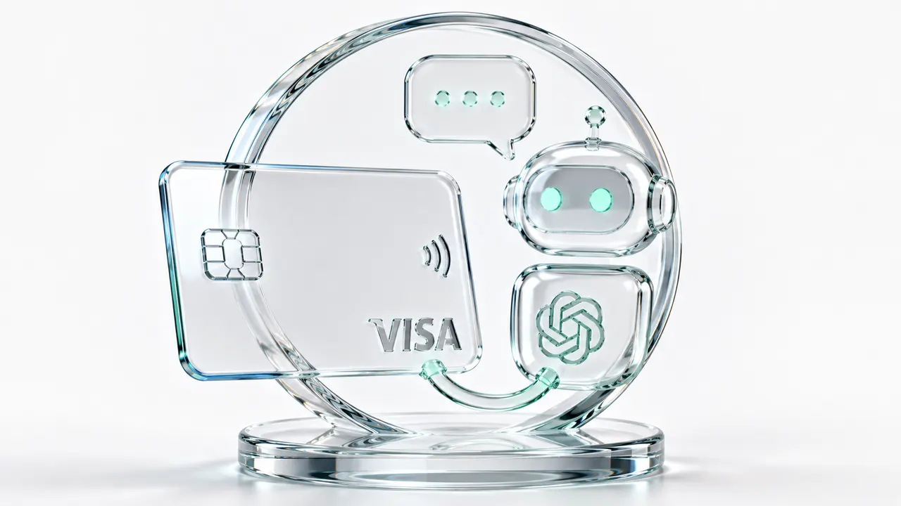 Illustration en verre d'une carte Visa reliée à une icône de robot conversationnel portant le logo OpenAI, avec une bulle de dialogue au-dessus, symbole d'une IA autorisée à déclencher un paiement.