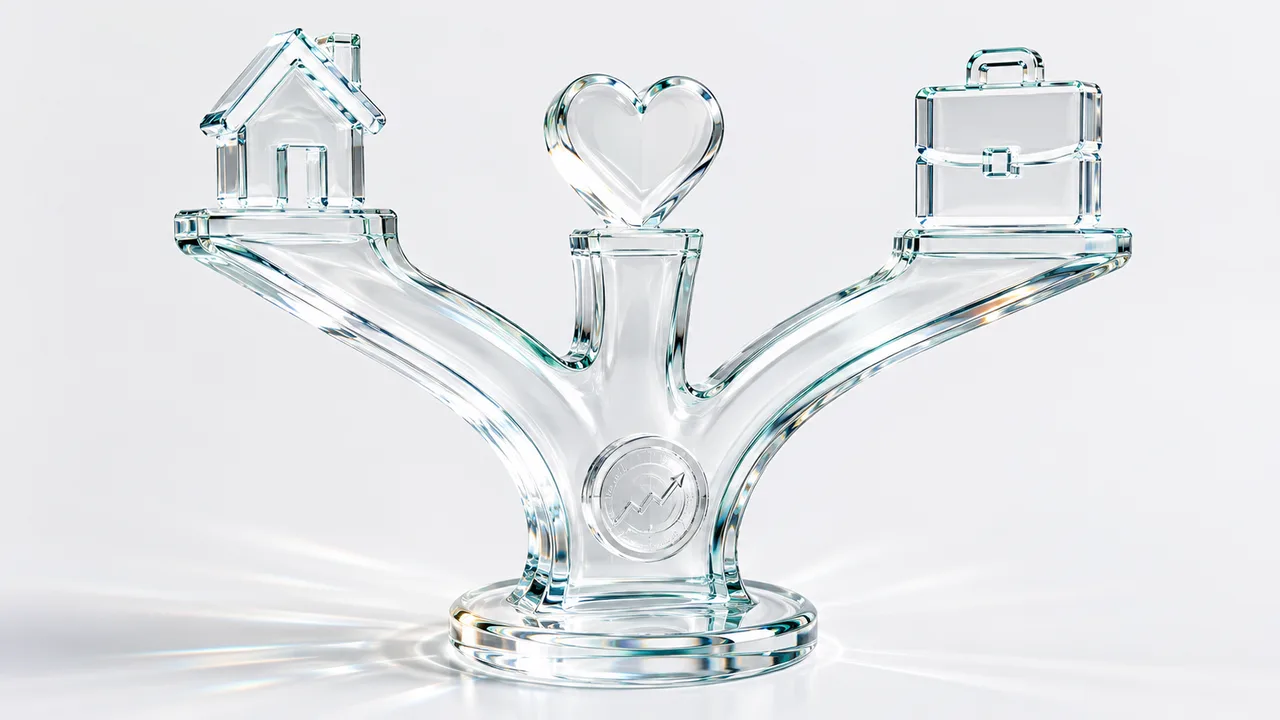Balance en verre à deux bras portant une maison et une mallette, un cœur en équilibre au sommet : les grands choix de vie pesés avant de trancher.