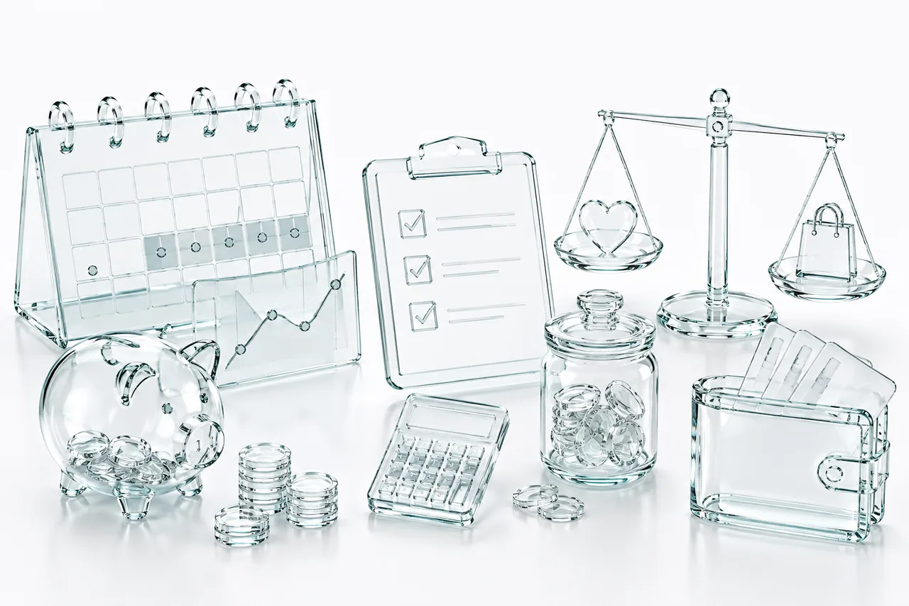 Objets en verre alignés sur fond clair : calendrier, courbe de solde, tirelire, calculatrice, bocal de pièces et portefeuille, l'attirail d'une trésorerie qu'on regarde à l'avance.